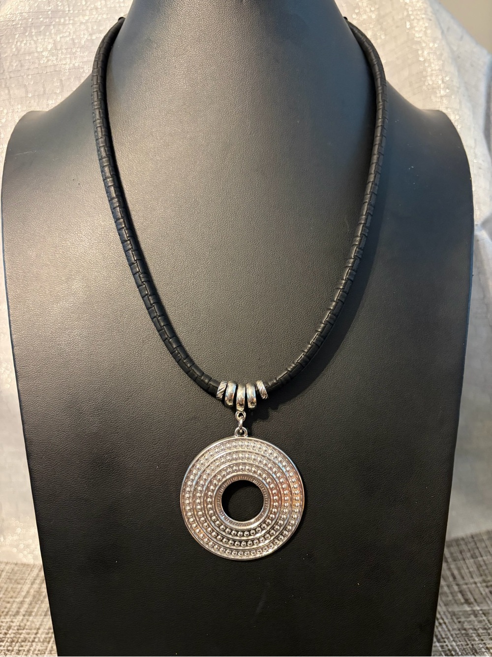 Silver-Tone Circle Pendant Necklace with Black Cord